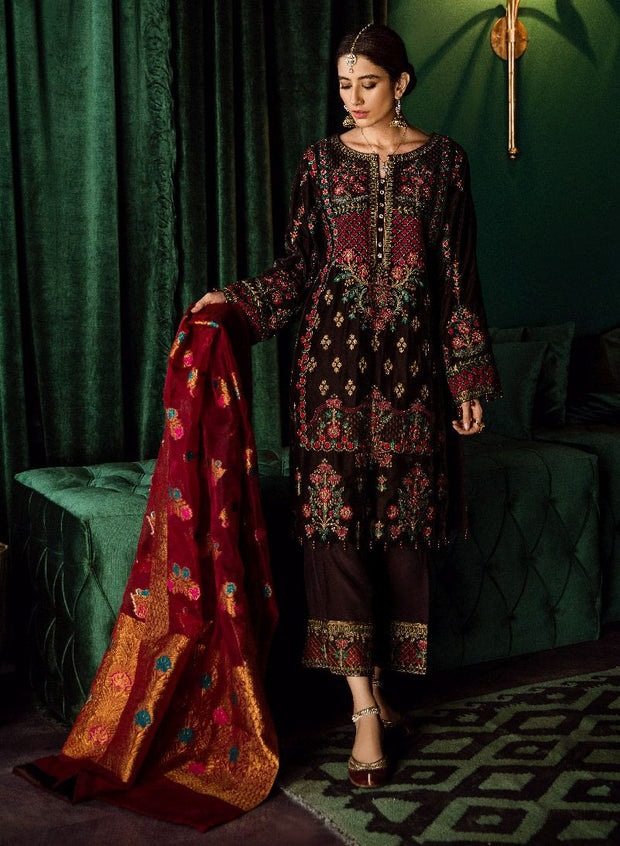 Beautiful Pakistani jamawar and velvet embroidered dress in brown color # P2465