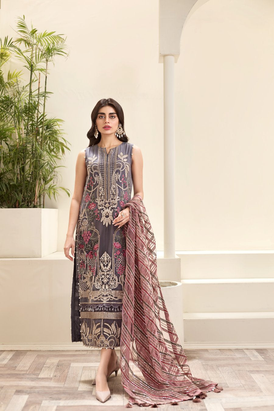 Jazmin Chiffon Party Dress in Grey Color