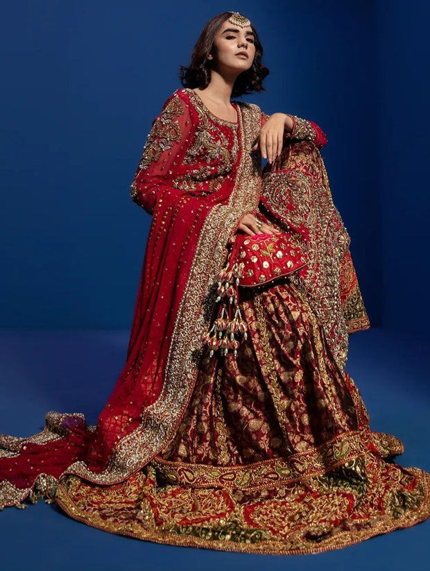 Kameez Gharara and Dupatta Red Pakistani Bridal Dress