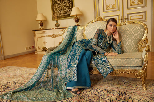 Kameez Trouser Embroidered Teal Blue Pakistani Wedding Dress