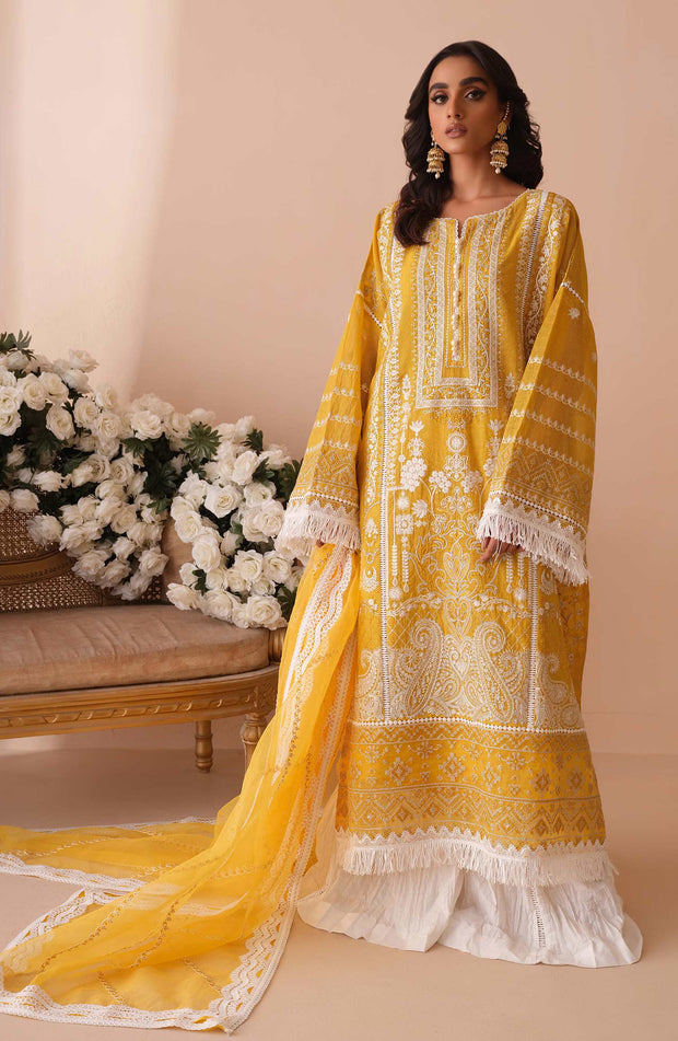 Khaddi Net Kameez and Trouser Pakistani Yellow Dress Online Nameera by Farooq
