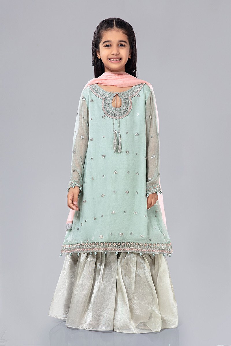 Kids Chiffon Dress for Eid in Sky Blue Color