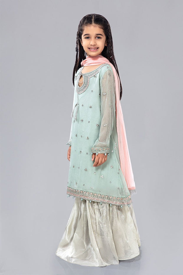 Kids Chiffon Dress for Eid in Sky Blue Color Side Pose