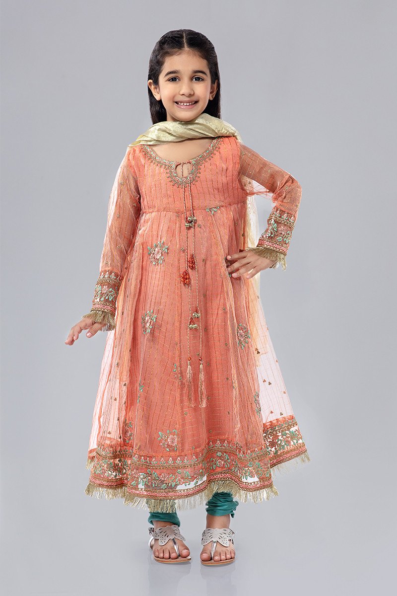 Kids Cotton Net Frock in Peach Color