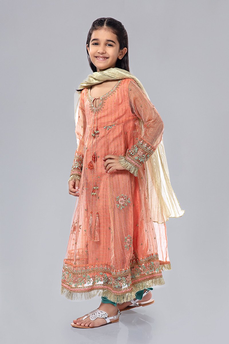Kids Cotton Net Frock in Peach Color Side Pose