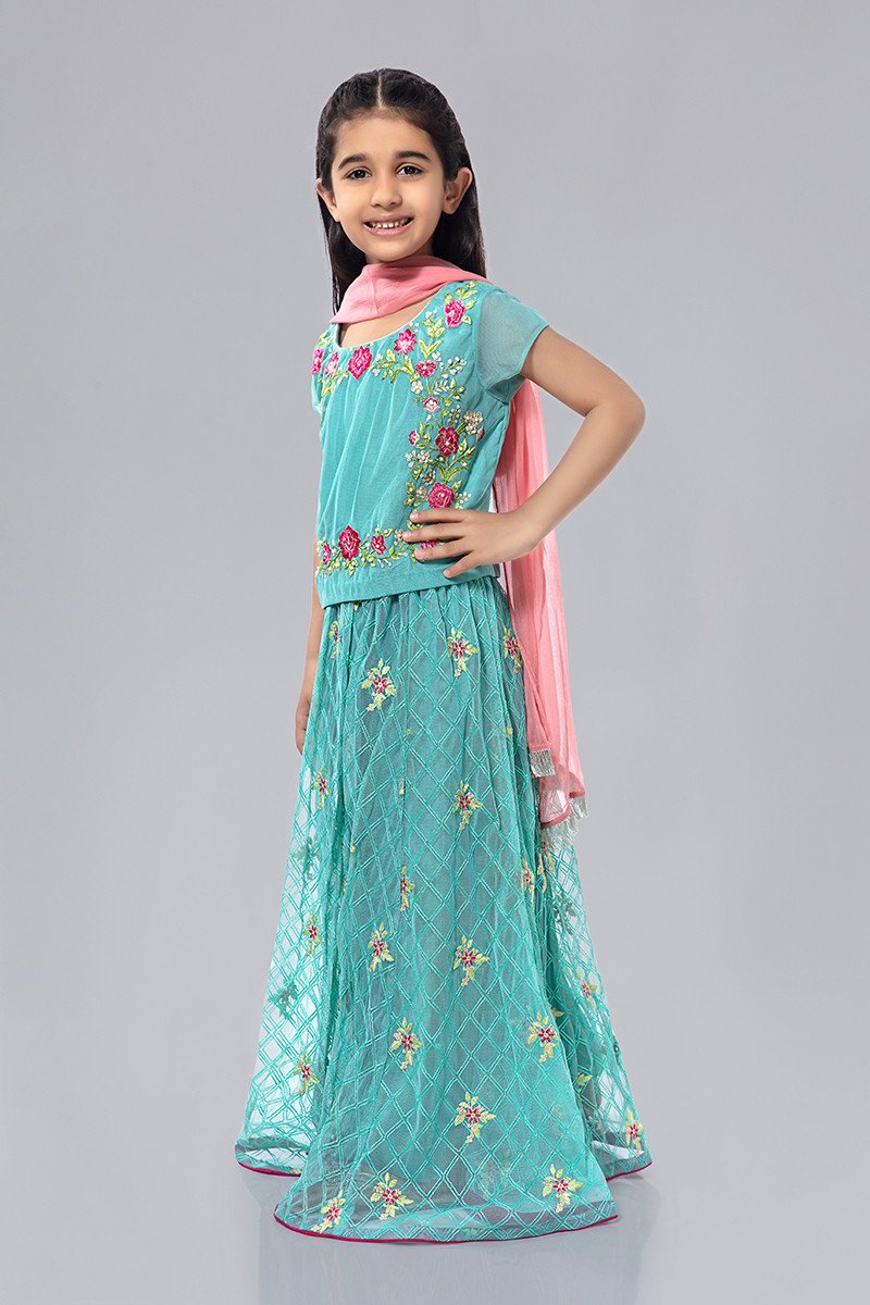 Kids Lehnga Kurti for Eid in Turquoise Color Side Pose