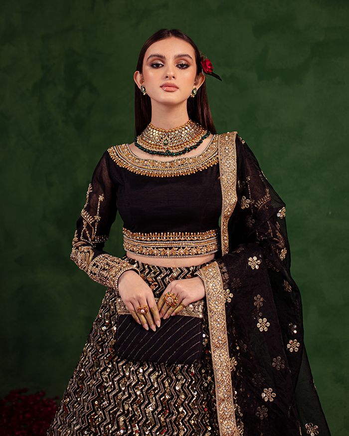 Korean Silk Black Lehenga Choli 