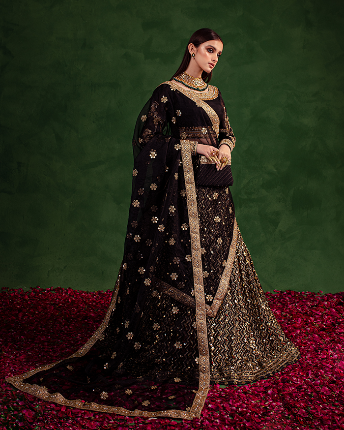 Korean Silk Black Lehenga Choli for Indian Bridal 