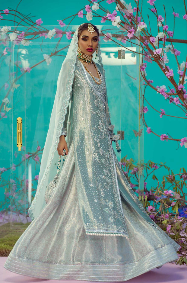 Latest Angrakha Style Frock and Blue Lehenga Dress for Bride