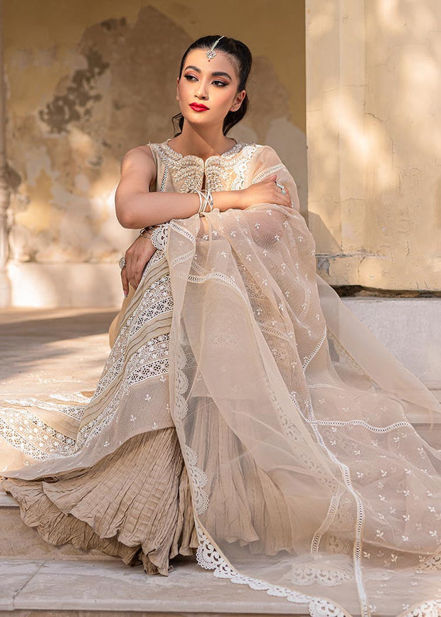 Latest Beige Colored Pakistani Crushed Sharara Kameez Dupatta Suit