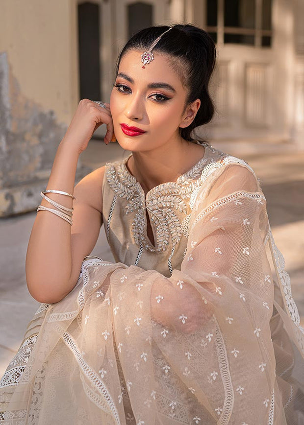 Latest Beige Pakistani Crushed Sharara Kameez Dupatta Suit