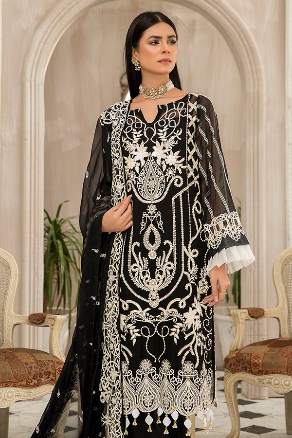 Latest Black Kameez Salwar with White Embroidery Online Nameera by Farooq