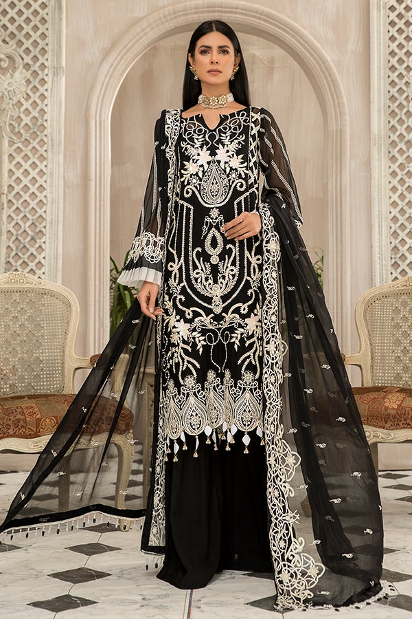 Latest Black Kameez Salwar with White Embroidery 