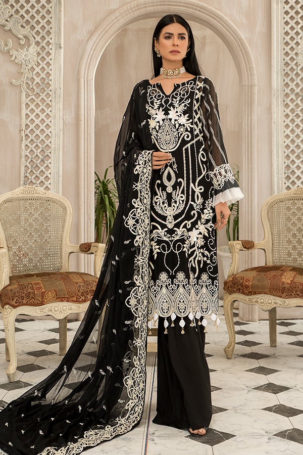 Latest Black Kameez Salwar with White Embroidery  Embroidery