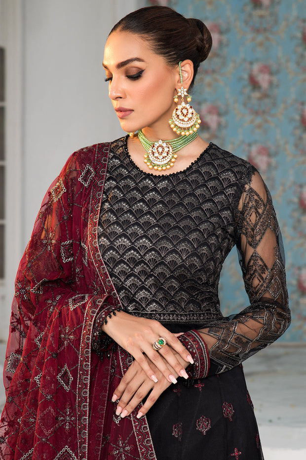Latest Black Pakistani Frock with Maroon Contrast Party Wear