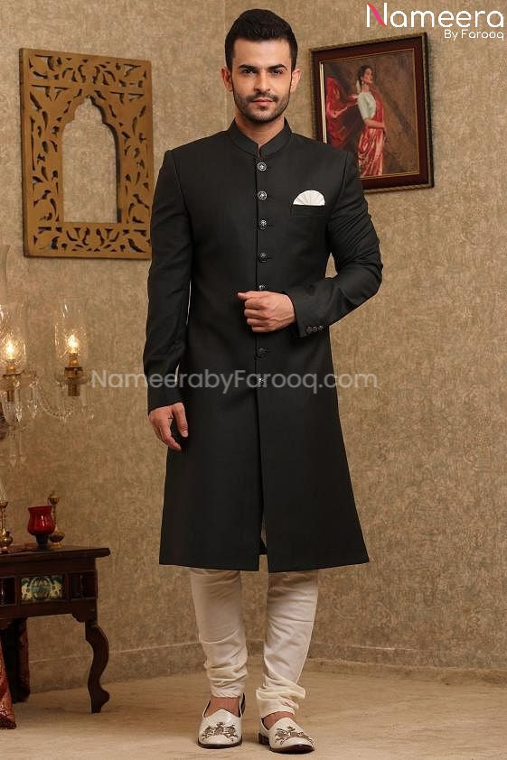 Latest Black Sherwani for Wedding Online 2021 Front Look