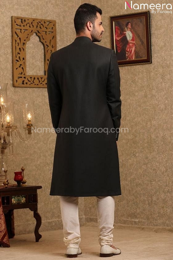 Latest Black Sherwani for Wedding Online 2021 Backside View