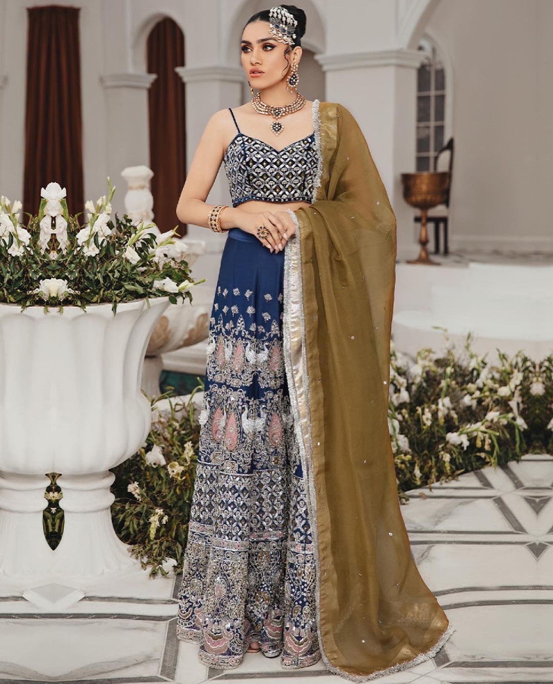 Elegant Blue Pakistani Bridal Lehenga with Choli & Dupatta