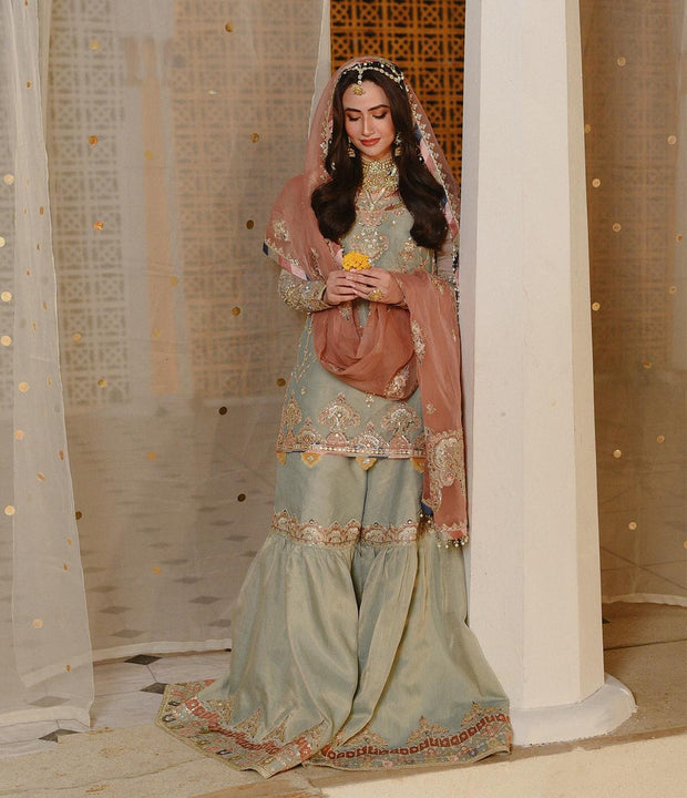 Latest Blue Sharara Kameez Dupatta Pakistani Wedding Dress