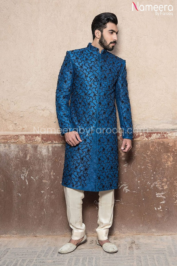 Latest Blue Sherwani for Groom with Crystal Work Overall Look
