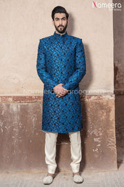 Latest Blue Sherwani for Groom with Crystal Work