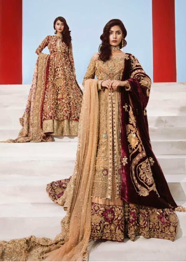 Latest Bridal Frock Lehnga With Embroidery Velvet Shawl