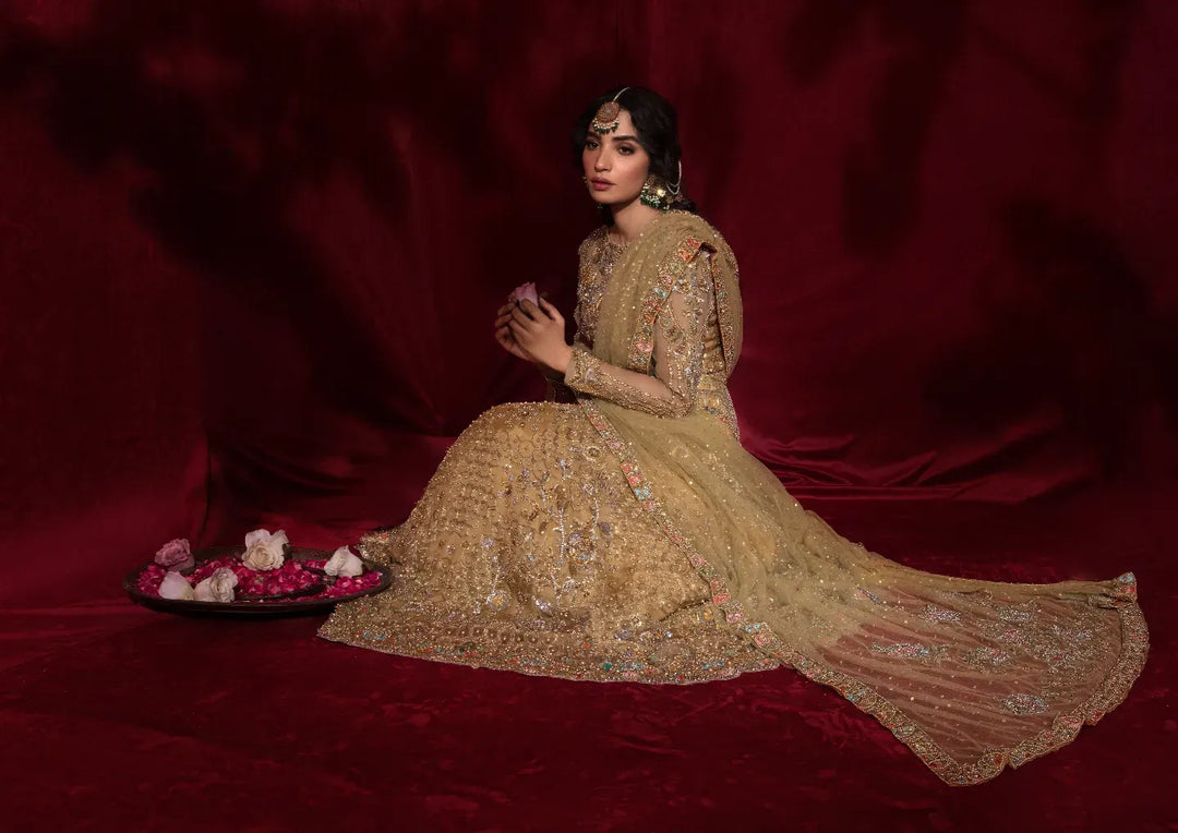 Elegant Pakistani Bridal Gold Lehenga Choli & Dupatta Set
