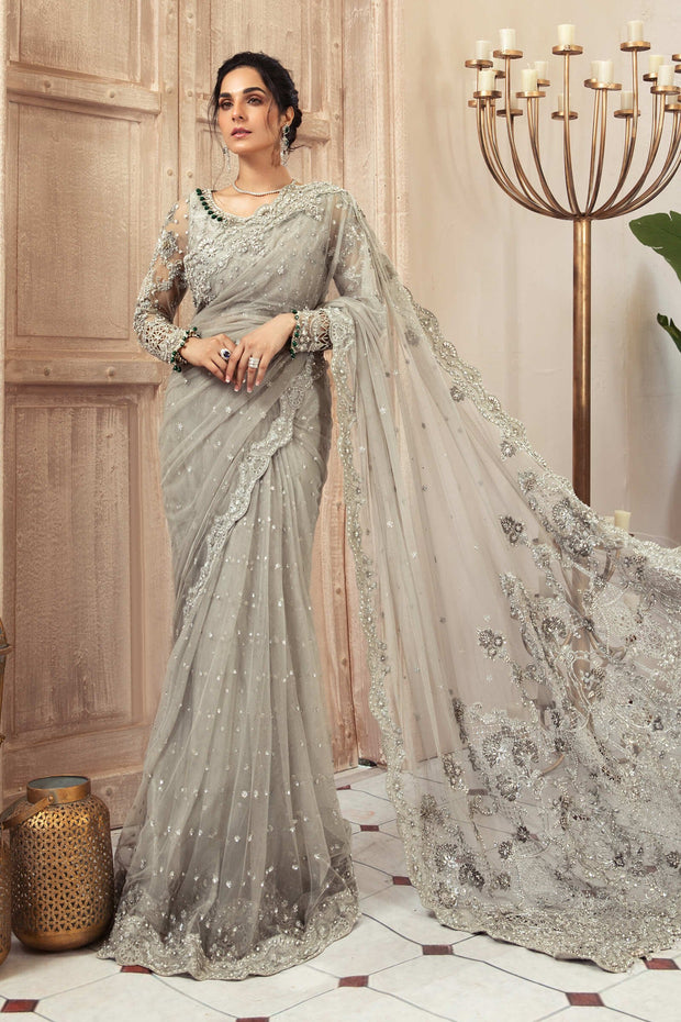 Latest Bridal Grey Saree Pakistani Wedding Dress Online – Nameera by Farooq