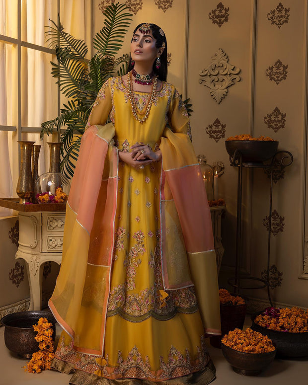 Latest Bridal Lehenga and Pishwas Yellow Mehndi Dress