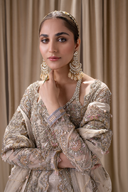 Latest Bridal Lehenga in Jamawar with Front Open Ivory Pakistani Wedding Gown and Dupatta Dress