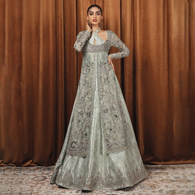 Latest Bridal Lehenga with Front Open Kameez and Dupatta Dress
