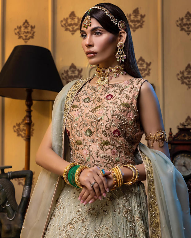 Latest Bridal Peach Choli with Lime Green Lehenga Dress