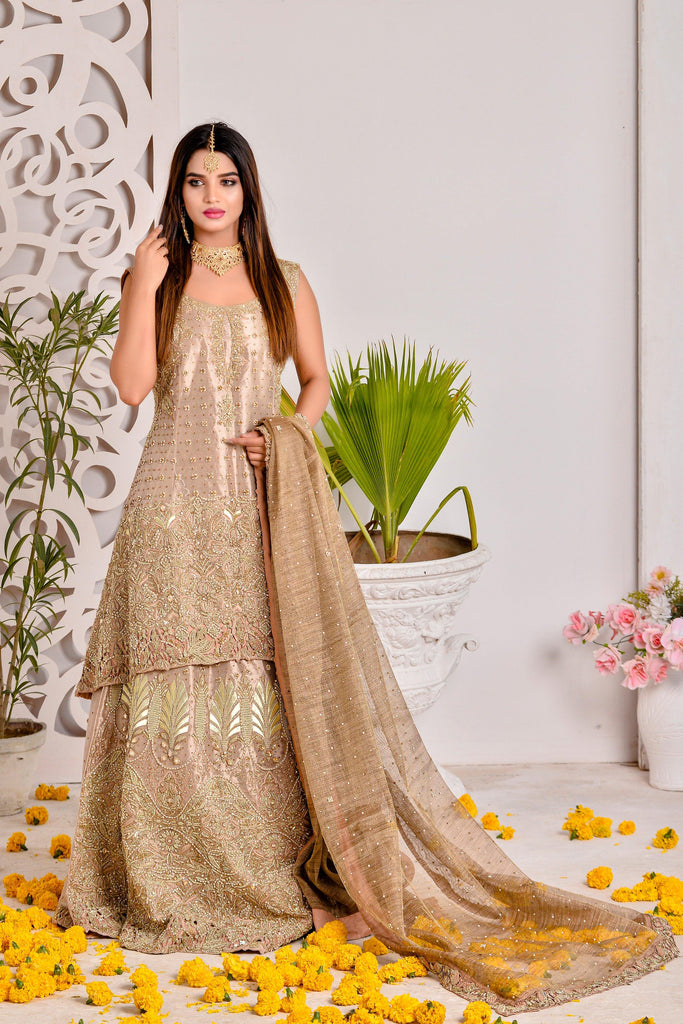 Traditional Bridal Short Frock with Lehenga Dress Pakistani Nameera by Farooq