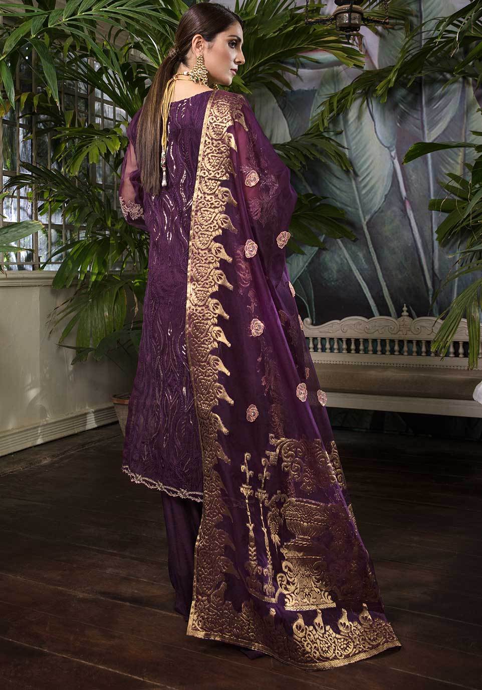 Latest Chiffon Wedding Wear in Purple Color Backside Look