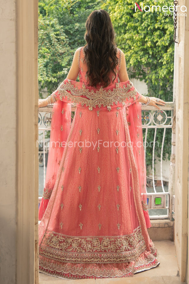 Latest Coral Pink Lehenga with Front Open Kameez Dress