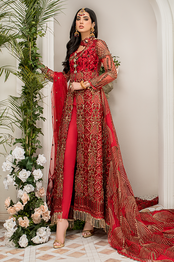 Latest Crimson Red Pakistani Dress in Long Style 2022