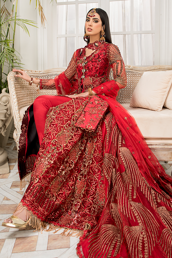 Latest Crimson Red Pakistani Dress in Long Style Latest