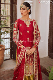 Latest Deep Red Kameez with Sharara Dress for Wedding