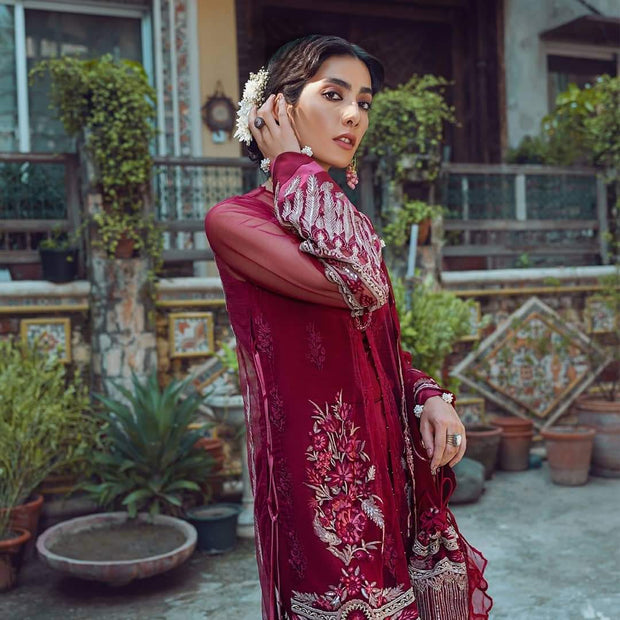 Latest Designer Chiffon Suit in Maroon Color Close Up