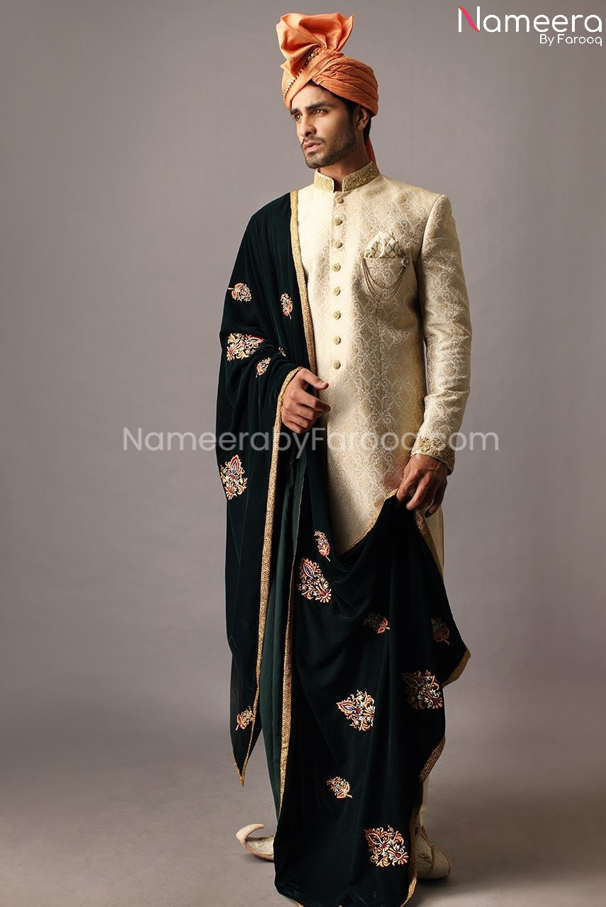 Latest Designer Sherwani for Groom with Shawl