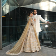 Latest Elegant Lehenga Gown Golden Bridal Dress Pakistani