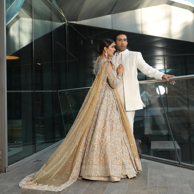 Latest Elegant Lehenga Gown Golden Bridal Dress Pakistani