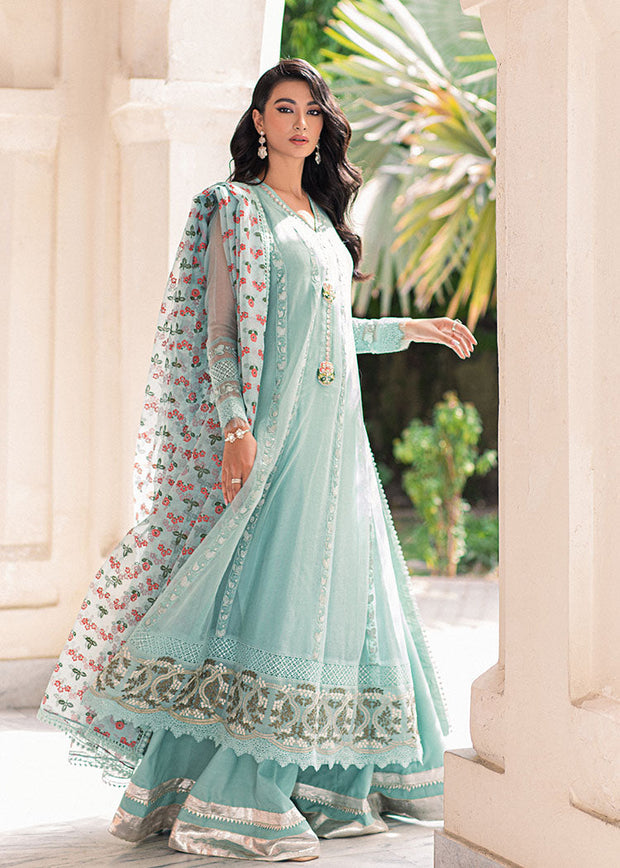 Latest Elegant Pakistani Blue Net Organza Kameez Sharara Suit