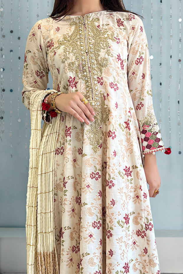 Latest Elegant Pakistani Long Frock with Trousers and Dupatta