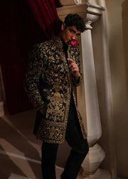 Latest Embellished Black Sherwani Style Pakistani Groom Dress
