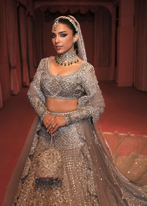 Latest Embellished Bridal Grey Lehenga Choli and Dupatta Dress