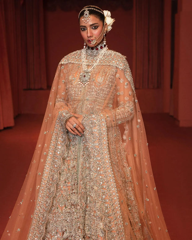 Latest Embellished Bridal Lehenga Choli Dupatta in Peach Color