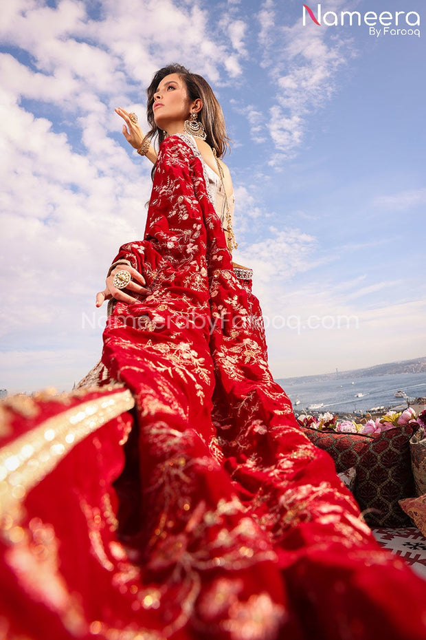 Latest Embellished Bridal Red Saree Dress Pakistani