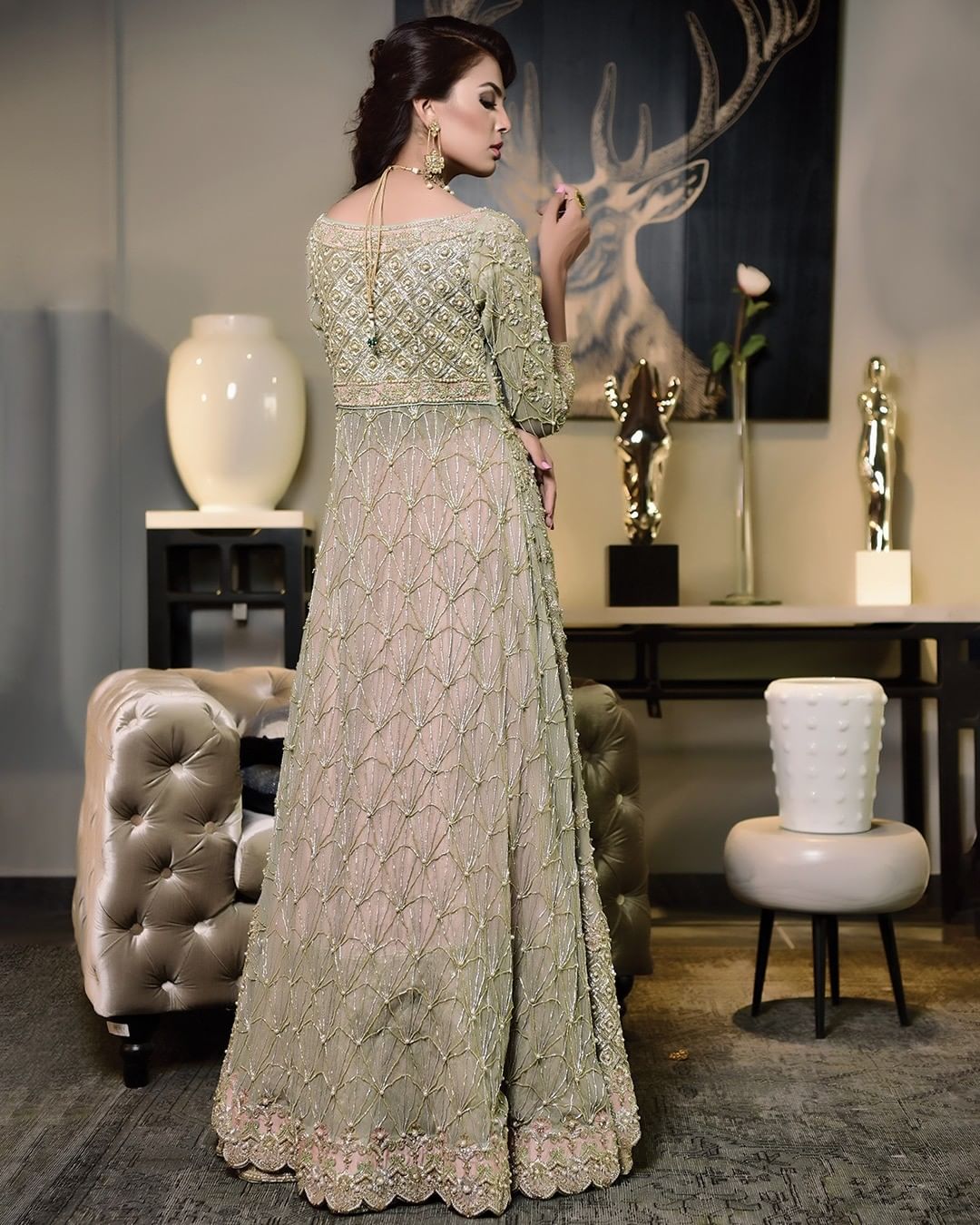 Mint Green Front Open Pakistani Bridal Dress - Elegant Gown