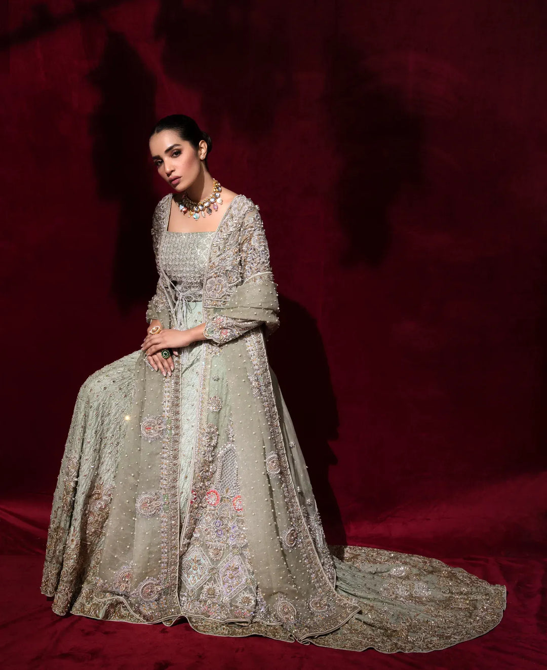 Elegant Pakistani Bridal Lehenga with Embellished Gown